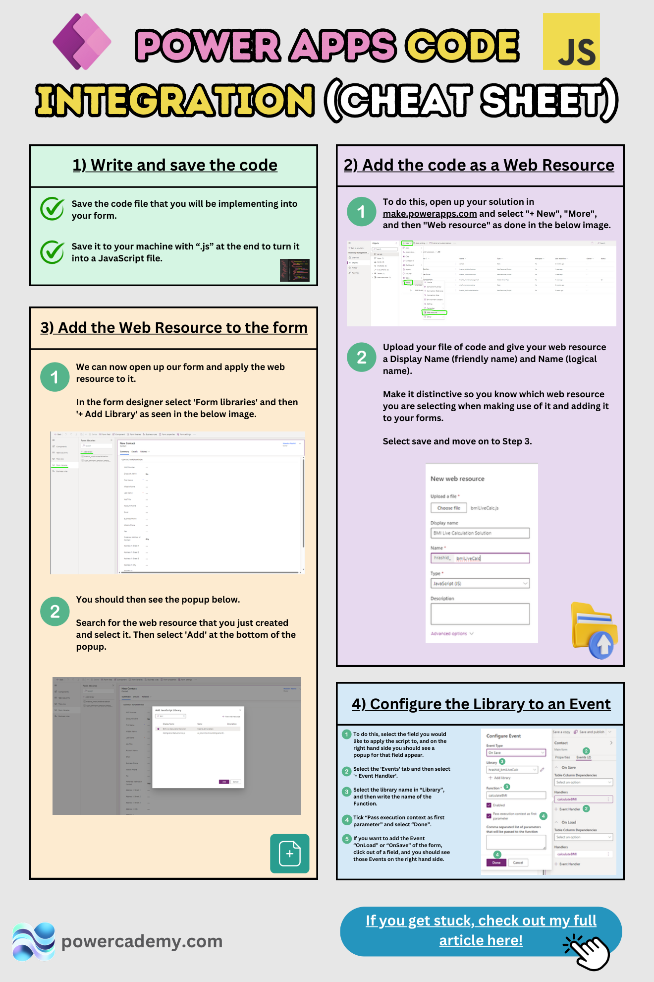 Power Apps model-driven code integration cheat sheet: the four steps from JavaScript file to form event